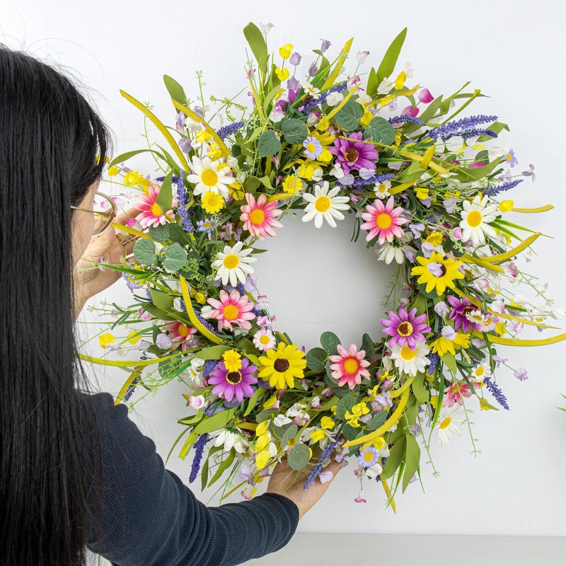 Yawwind 24 Inches Spring Wreaths for Front Door Spring Flower Wreaths Summer Door Wreath Colorful Wildflower Wreath with Daisy Lavender for Window Indoors Outdoor Decor - Image 5