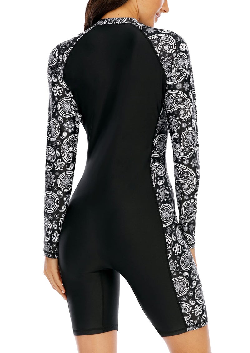 Halcurt Women's Boyleg One Piece Rash Guard with Built in Bra UPF50+ Zip Long Sleeve Full Body Modest Swimsuit Black Paisley 2XL - Image 2