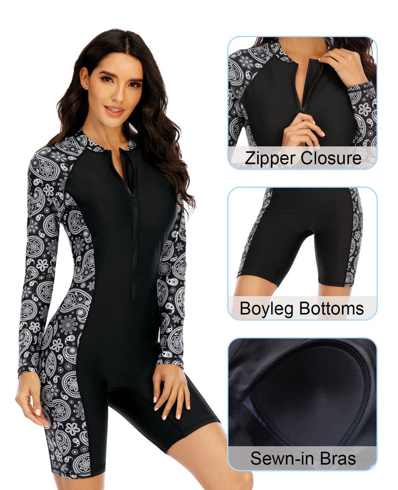 Halcurt Women's Boyleg One Piece Rash Guard with Built in Bra UPF50+ Zip Long Sleeve Full Body Modest Swimsuit Black Paisley 2XL - Image 4