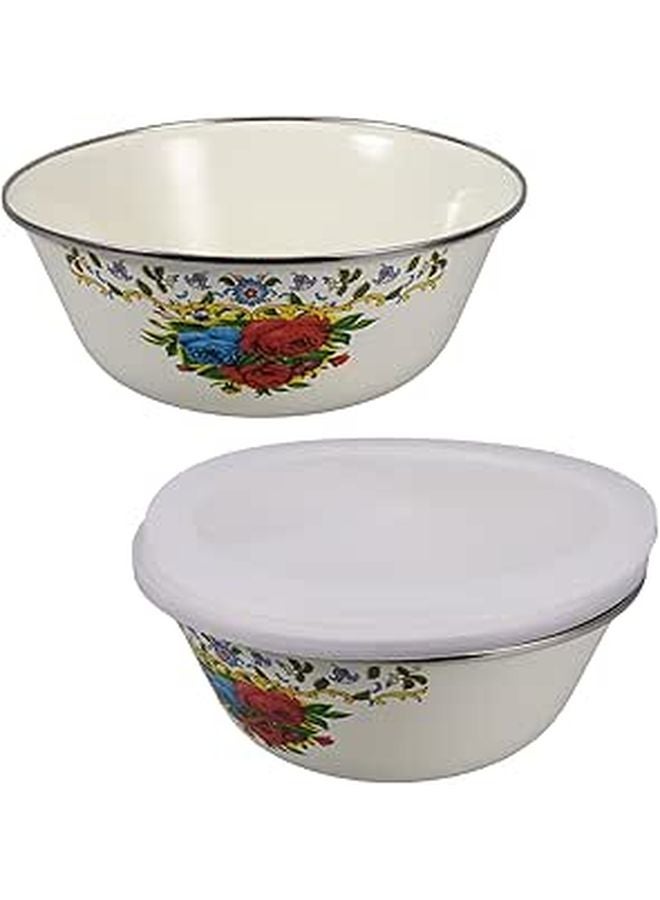 Vintage Enamel Soup Bowl Set 2pcs 20cm With Lid Retro Yellow Kitchen Storage - Image 1