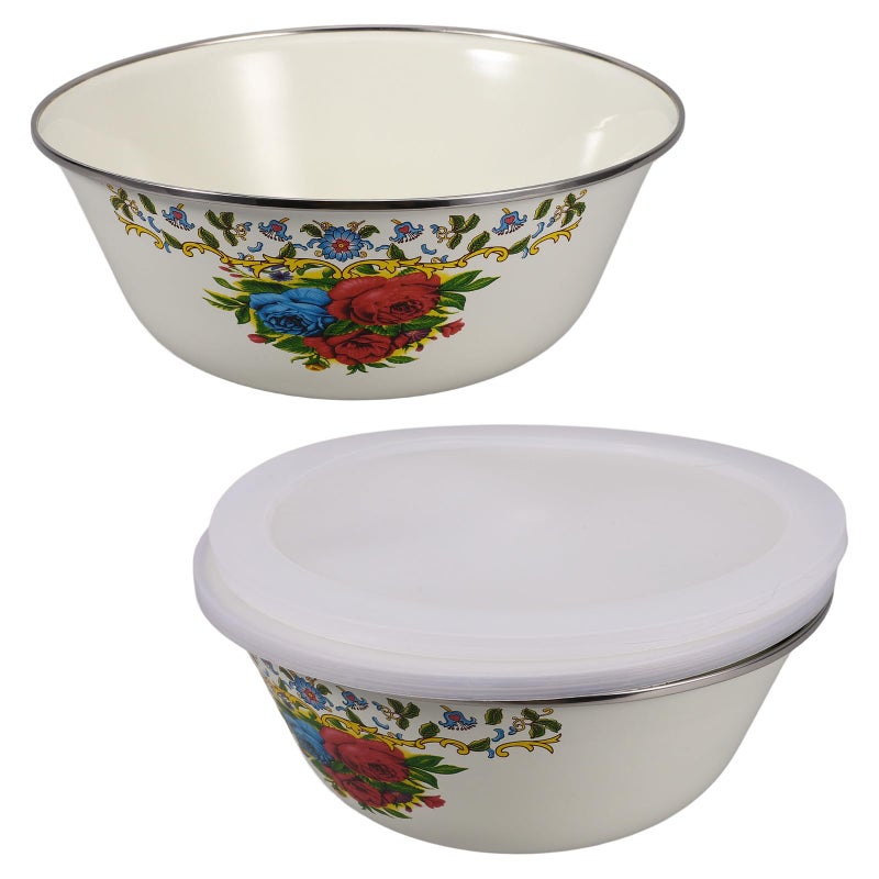 Vintage Enamel Soup Bowl Set 2pcs 20cm With Lid Retro Yellow Kitchen Storage - Image 2