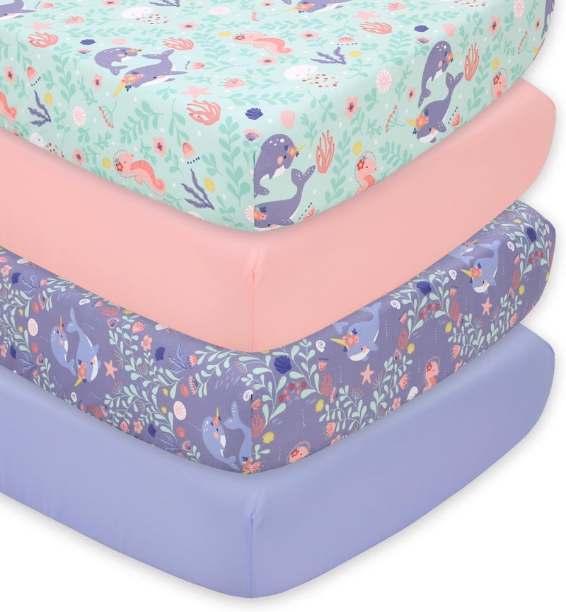 The Peanut Shell The Peanutshell 4Pack Fitted Crib Sheet Set  Super Soft  Breathable Baby Girl Crib Sheets Nursery Decor Fit for Standard Mattress Cover Ocean Girl - Image 1