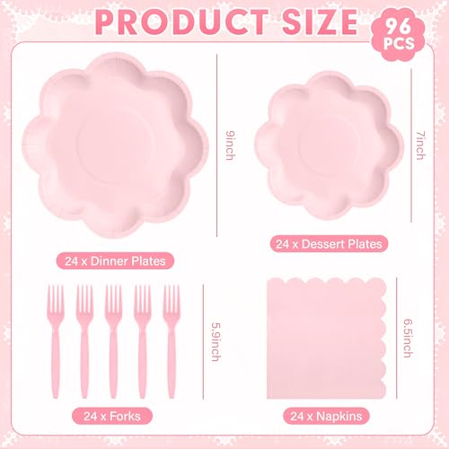 ZUQMZUQ 96 Pcs Pink Paper Plates and Napkins Set Pink Party supplies for 24 Guest Including Scalloped Disposable Dessert Paper Plates Napkins Plastic Forks for Baby Shower Mother's Day Wedding Easter - Image 3