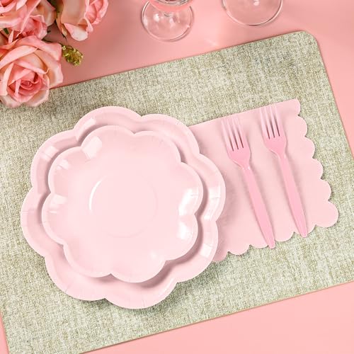 ZUQMZUQ 96 Pcs Pink Paper Plates and Napkins Set Pink Party supplies for 24 Guest Including Scalloped Disposable Dessert Paper Plates Napkins Plastic Forks for Baby Shower Mother's Day Wedding Easter - Image 4