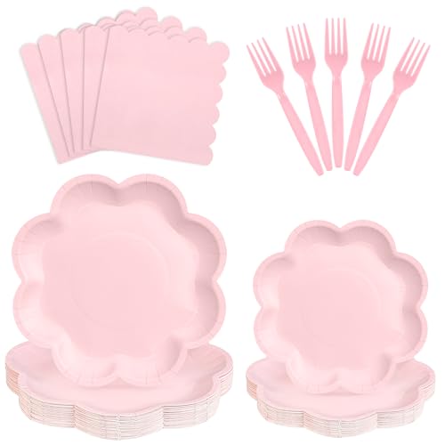 ZUQMZUQ 96 Pcs Pink Paper Plates and Napkins Set Pink Party supplies for 24 Guest Including Scalloped Disposable Dessert Paper Plates Napkins Plastic Forks for Baby Shower Mother's Day Wedding Easter - Image 1