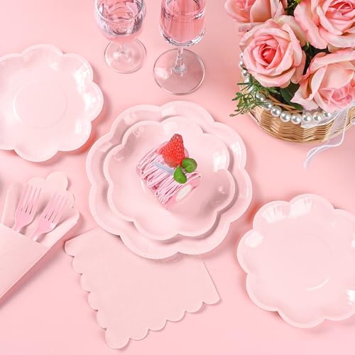 ZUQMZUQ 96 Pcs Pink Paper Plates and Napkins Set Pink Party supplies for 24 Guest Including Scalloped Disposable Dessert Paper Plates Napkins Plastic Forks for Baby Shower Mother's Day Wedding Easter - Image 2