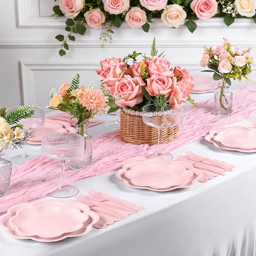ZUQMZUQ 96 Pcs Pink Paper Plates and Napkins Set Pink Party supplies for 24 Guest Including Scalloped Disposable Dessert Paper Plates Napkins Plastic Forks for Baby Shower Mother's Day Wedding Easter - Image 5