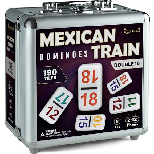 Queensell Mexican Train Dominoes Set with Numbers Double 18 Dominos Set for Adults and Kids Mexican Dominoes Train Game Night Games for Adults with Wooden Hub and Aluminum Case - Image 1