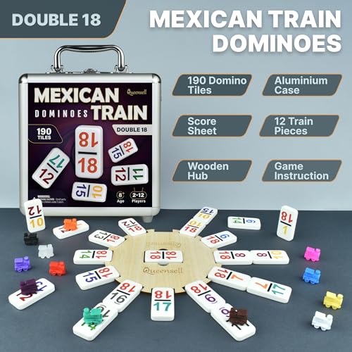 Queensell Mexican Train Dominoes Set with Numbers Double 18 Dominos Set for Adults and Kids Mexican Dominoes Train Game Night Games for Adults with Wooden Hub and Aluminum Case - Image 5