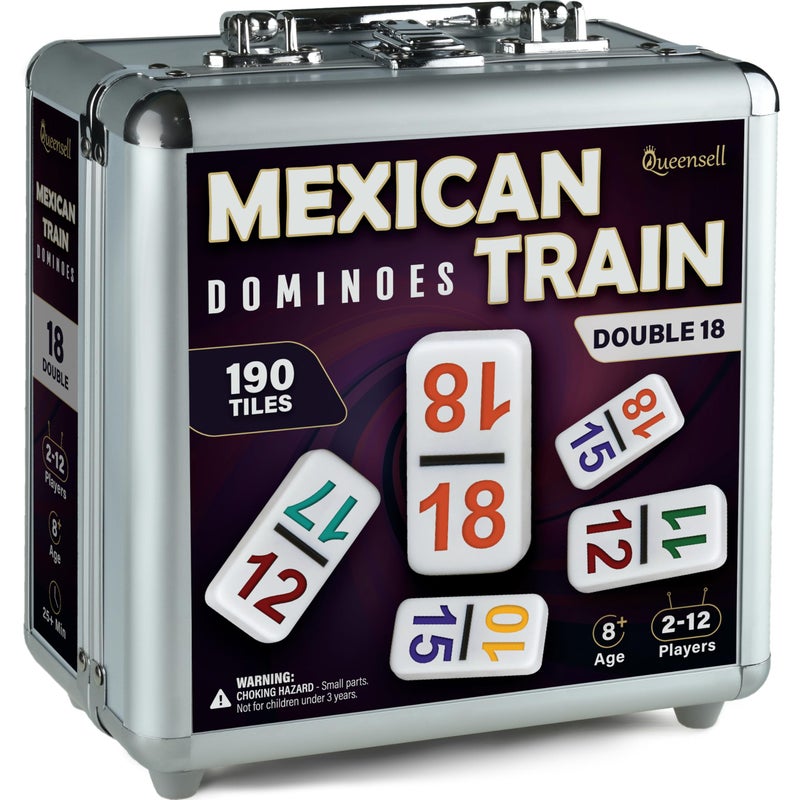 Queensell Mexican Train Dominoes Set with Numbers Double 18 Dominos Set for Adults and Kids Mexican Dominoes Train Game Night Games for Adults with Wooden Hub and Aluminum Case - Image 2
