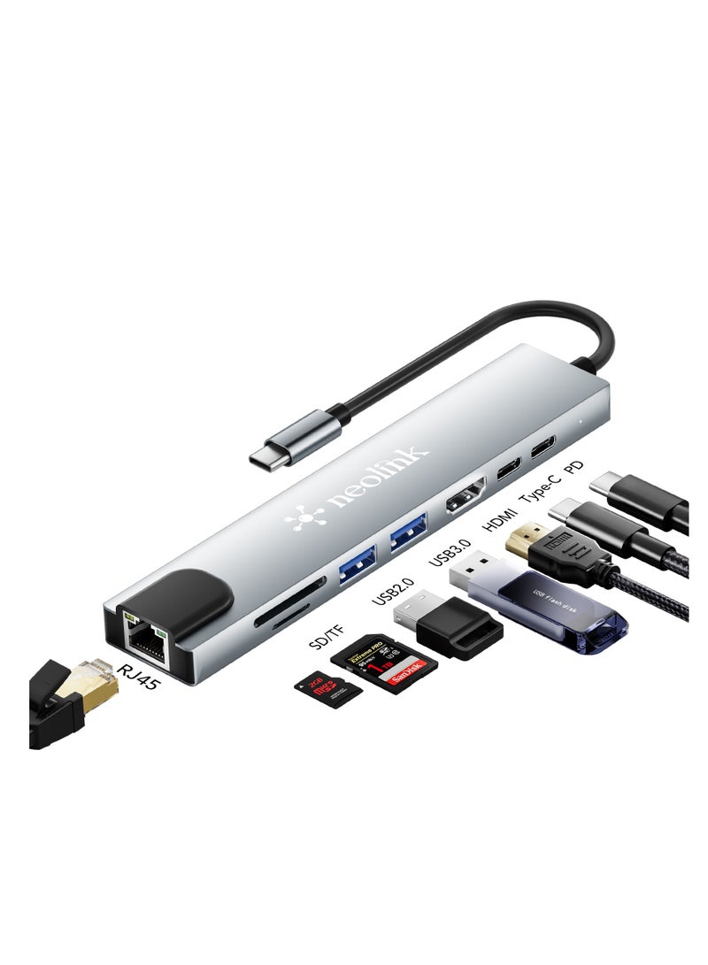 neolink محور NEOLINK USB C مع إيثرنت HDMI 4K محول 8 في 1 دوك متعدد المنافذ USB-C إلى RJ45 إيثرنت USB 3.0 قارئ بطاقات SD/TF منفذ شحن PD بقوة 87 واط متوافق مع MacBook Pro/Air وأجهزة الكمبيوتر المحمولة بنظام Windows من نوع C - Image 1