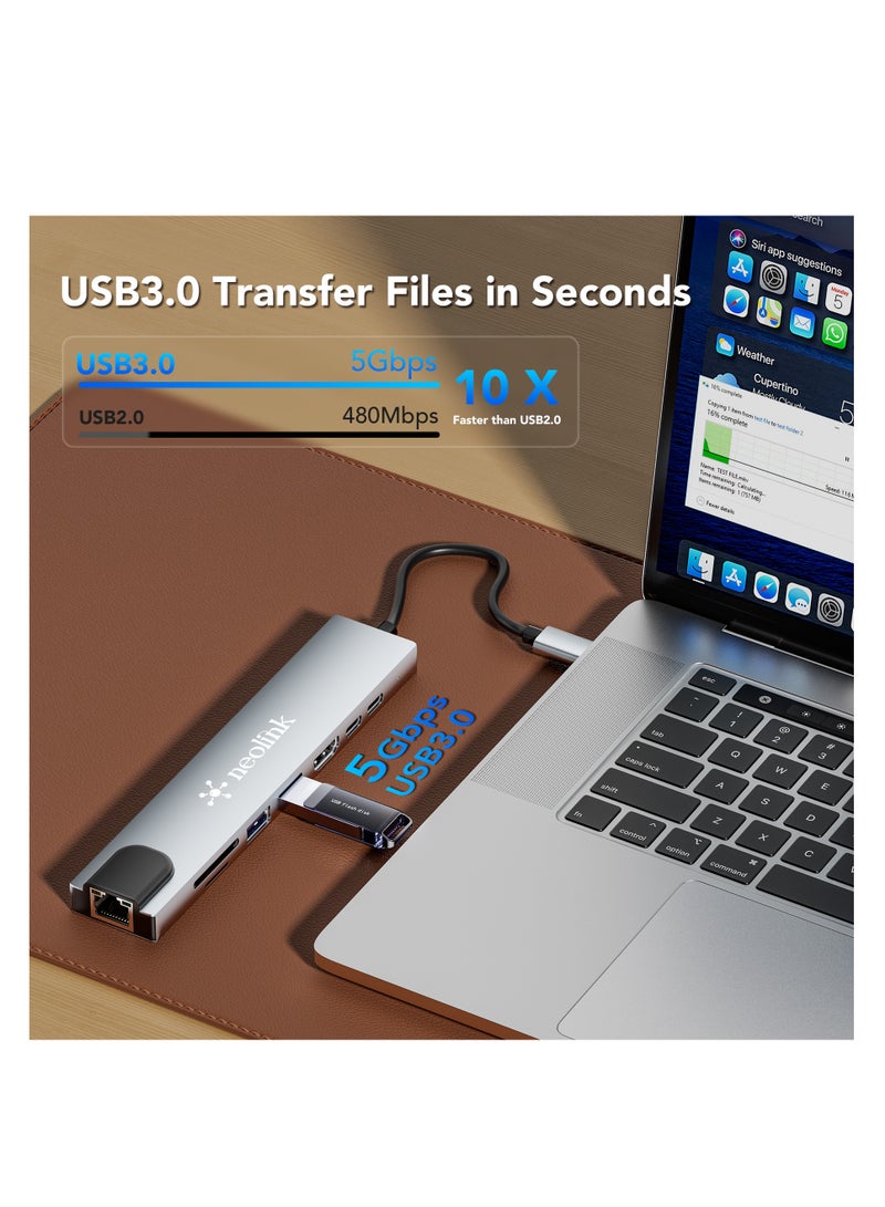 neolink محور NEOLINK USB C مع إيثرنت HDMI 4K محول 8 في 1 دوك متعدد المنافذ USB-C إلى RJ45 إيثرنت USB 3.0 قارئ بطاقات SD/TF منفذ شحن PD بقوة 87 واط متوافق مع MacBook Pro/Air وأجهزة الكمبيوتر المحمولة بنظام Windows من نوع C - Image 4
