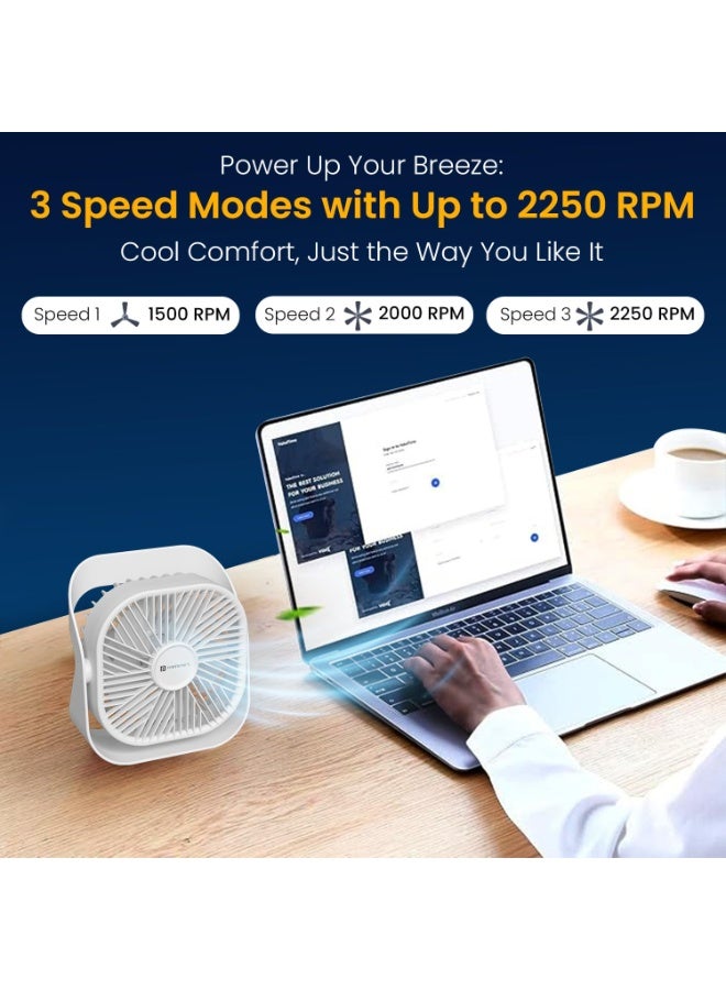 Portronics CoolCube Mini, 2-in-1 Desktop & Wall Fan, 2000mAh Battery, Type-C Charging, 360° Rotate with Pasteable Hook, 3 Speed Modes, BLDC Motor,Quiet Operation,3 Hour Playtime,Compact&Portable,White - Image 5
