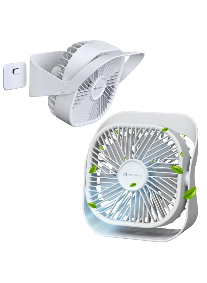 Portronics CoolCube Mini, 2-in-1 Desktop & Wall Fan, 2000mAh Battery, Type-C Charging, 360° Rotate with Pasteable Hook, 3 Speed Modes, BLDC Motor,Quiet Operation,3 Hour Playtime,Compact&Portable,White - Image 1