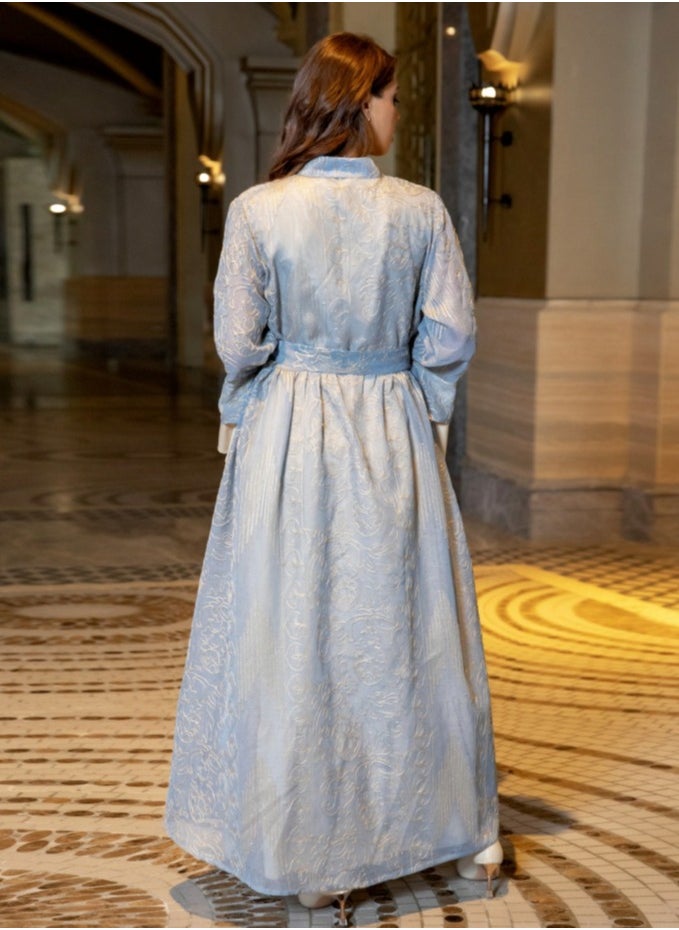 Loquat Ladies Embroidered Robe Long Dress Set Open Front Outer Robe+Inner Skirt+Belt Muslim Abaya Light Blue  - Image 3