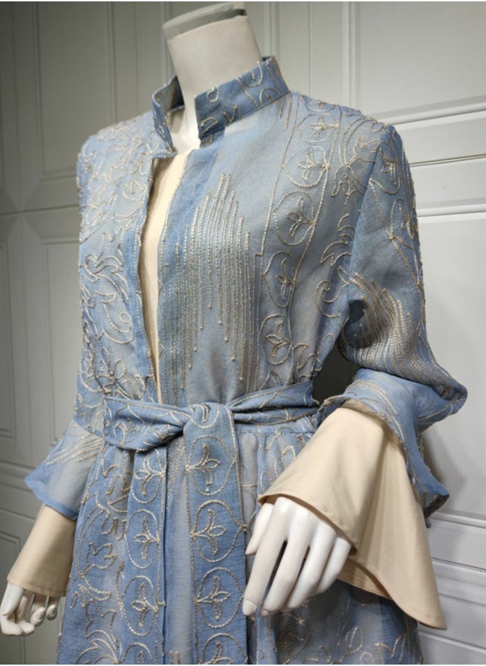 Loquat Ladies Embroidered Robe Long Dress Set Open Front Outer Robe+Inner Skirt+Belt Muslim Abaya Light Blue  - Image 4