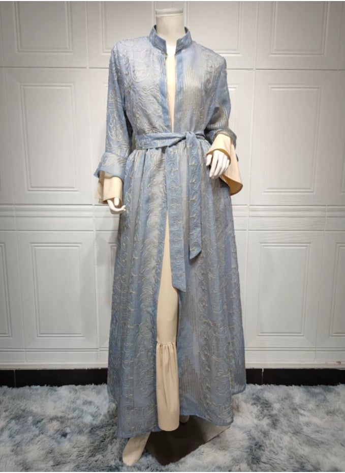 Loquat Ladies Embroidered Robe Long Dress Set Open Front Outer Robe+Inner Skirt+Belt Muslim Abaya Light Blue  - Image 2