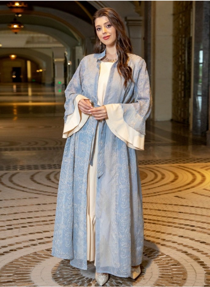 Loquat Ladies Embroidered Robe Long Dress Set Open Front Outer Robe+Inner Skirt+Belt Muslim Abaya Light Blue  - Image 1