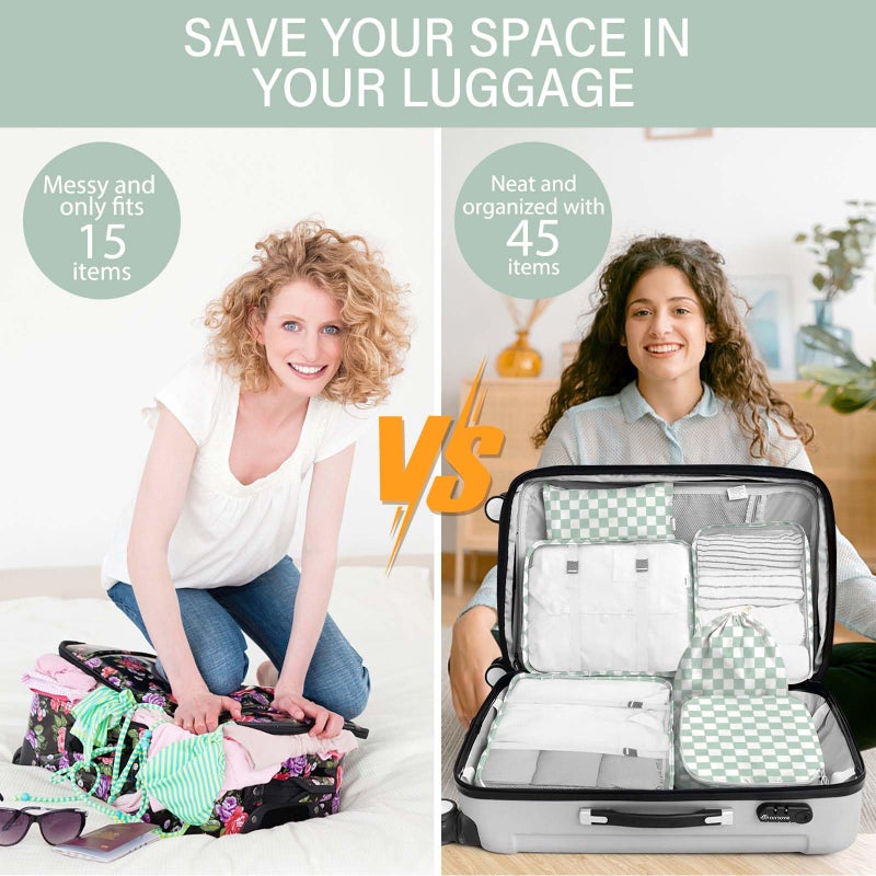 KPX 8 Set Packing Cubes for Travel, Luggage Packing Organizers Accessories Large Toiletries Bag for Clothes Shoes Cosmetics (8Set-Green Checkered) - Image 5