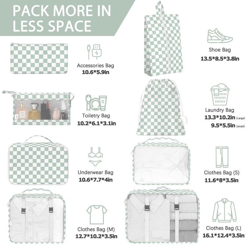KPX 8 Set Packing Cubes for Travel, Luggage Packing Organizers Accessories Large Toiletries Bag for Clothes Shoes Cosmetics (8Set-Green Checkered) - Image 2
