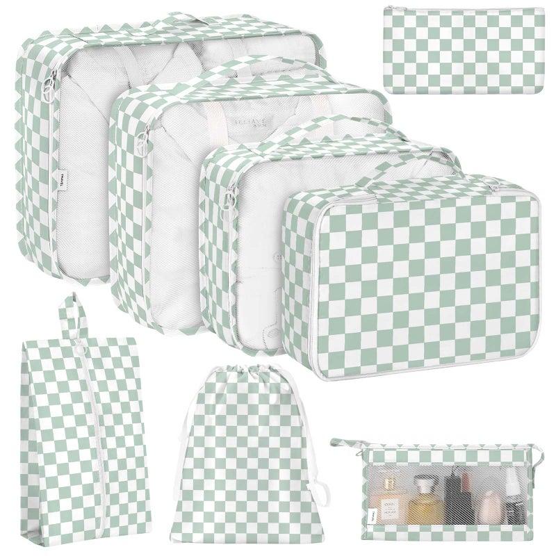 KPX 8 Set Packing Cubes for Travel, Luggage Packing Organizers Accessories Large Toiletries Bag for Clothes Shoes Cosmetics (8Set-Green Checkered) - Image 1
