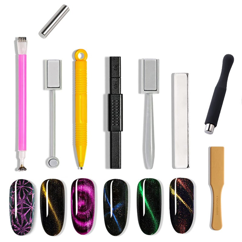 JERCLITY 9 Pieces Nail Magnet Tool Set DoubleHead Flower Design Nail Magnet Pens Magnet Stick 3D Magnetic Cat Eye Gel Polish Nail Art for UV Gel Line Strip MultiFunction Magnet Board Nail Art Tool
