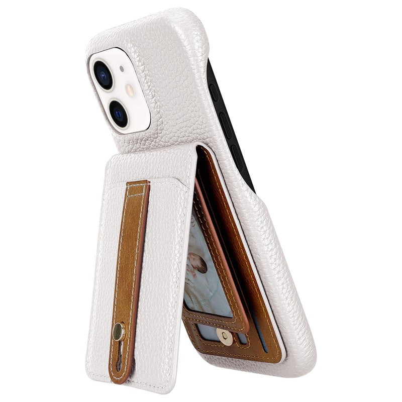 HuHa Case Cover For iPhone 12 / 12 Pro Litchi Texture Leather Ring Card Bag Holder Phone Case(White) - Image 1