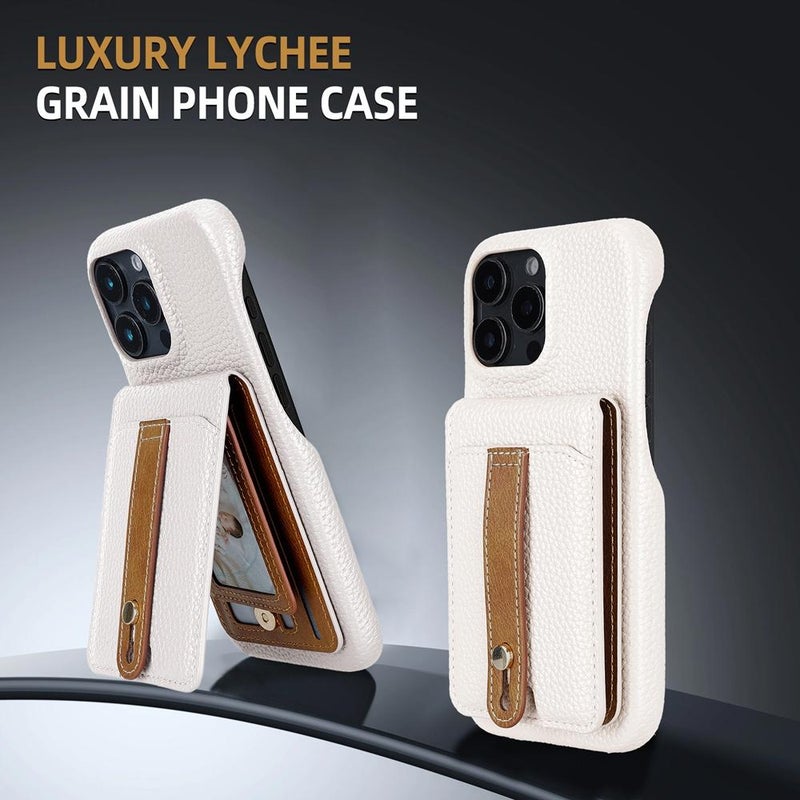 HuHa Case Cover For iPhone 12 / 12 Pro Litchi Texture Leather Ring Card Bag Holder Phone Case(White) - Image 2