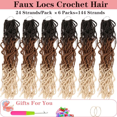 Ahrencan Ombre Faux Locs Crochet Hair, 24 Inch 6 Packs Soft Locs,Three Tone Black/Brown/Blonde Pre Looped Wavy Faux Locs Crochet Hair For Women,Light Weight,Itch Free(24",T4/27/613#) - Image 2