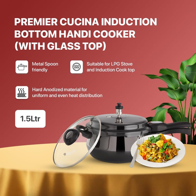 Premier Cucina Trendy Black Hard Anodized Induction Bottom Handi Pressure Cooker 15 Liter With Glass Lid Durable And Versatile Cooker For Even Cooking Inductioncompatible - Image 2