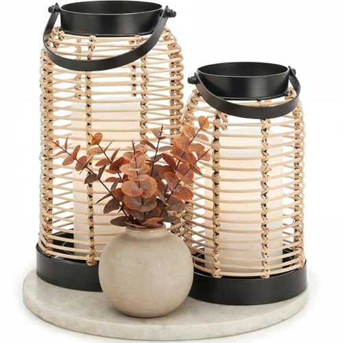 KIBAGA Natural Rattan Boho Lanterns - Handcrafted Chic Decor to Enhance Your Home - Modern Farmhouse Beauty Perfect for Any Living Room, Patio & Porch, Indoor and Outdoor Coffee Table or Kitchen Dining Table - Image 1