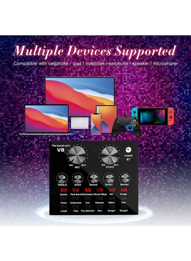Portable condenser microphone set, V8 sound card, studio microphone, podcast recording, for Live Broadcast Live Sound Card Set Voice Changer