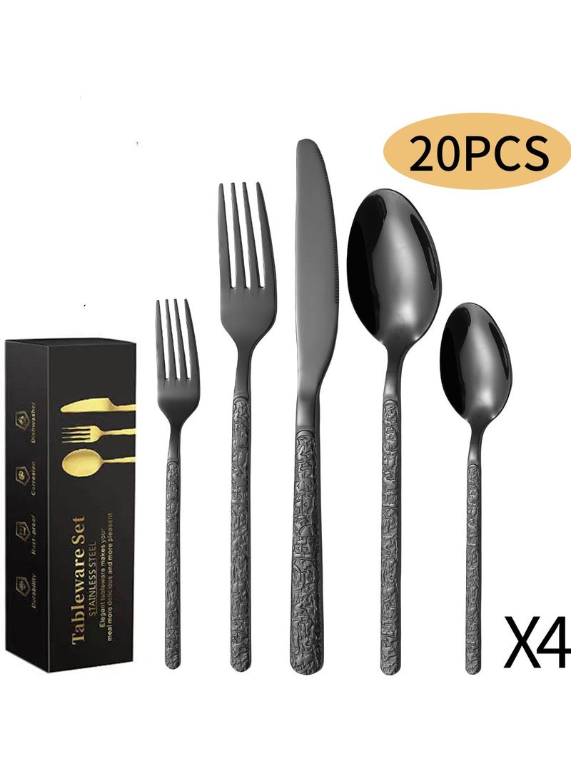 KUYING 20 Piece Set Of Stone Patterned Stainless Steel Tableware knives Forks Spoons 