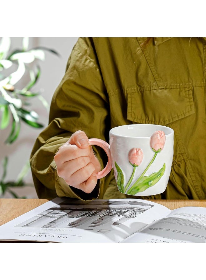 450ml/15.21oz Maiden Heart Tulip Embossed Mug Microwave Oven Usable Office Milk Coffee Cup for office home-pink-450ml - Image 4