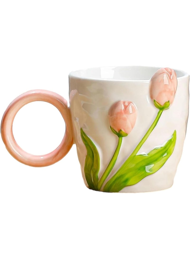 450ml/15.21oz Maiden Heart Tulip Embossed Mug Microwave Oven Usable Office Milk Coffee Cup for office home-pink-450ml - Image 1