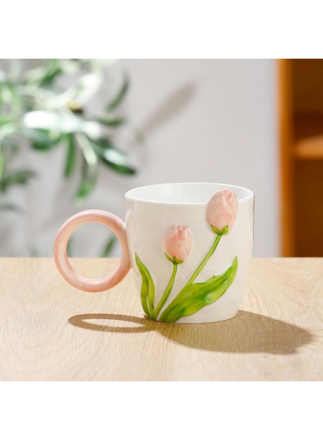450ml/15.21oz Maiden Heart Tulip Embossed Mug Microwave Oven Usable Office Milk Coffee Cup for office home-pink-450ml - Image 3