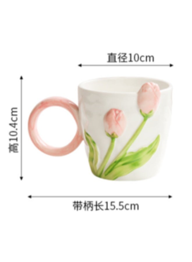 450ml/15.21oz Maiden Heart Tulip Embossed Mug Microwave Oven Usable Office Milk Coffee Cup for office home-pink-450ml - Image 2
