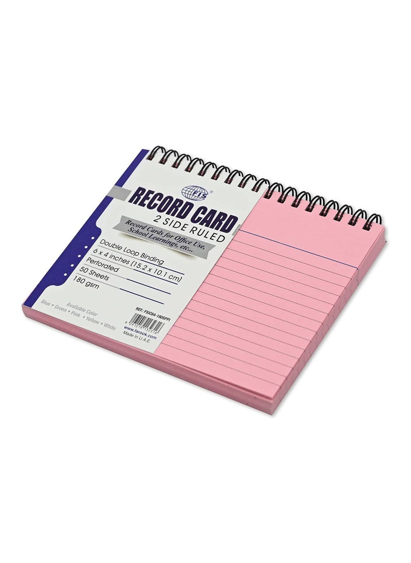 FIS - FIS Ruled Record Card 180 Gsm 6X4 Inch Double Loop Spiral 50 Sheets Pink -FSIC64-180SPPI - Image 1