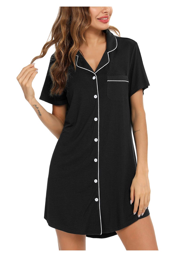 Anjue Anjue Nightgowns for Women Bride Pajamas Button Down Pajamas Dress Sleepwear Nursing Pajamas Breastfeeding Dress(Black S)  - Image 1