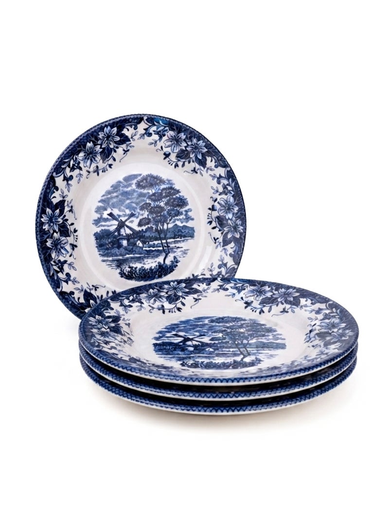 Claytan Earthenware Classic Blue Windmill & Floral Pattern Salad Plate, 8.1 Inch, White (Set of 4) | Premium Dessert, Appetizer & Side Plate | Vintage Tableware for Home, Office, Café & Gifting - Image 1