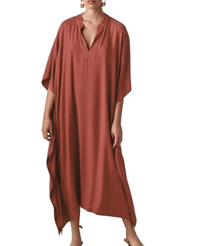 Bsubseach Women Kaftan Dresses Caftan Loungewear Maxi Dress Swimsuit Cover Up Beachwear Red Silky - Image 1
