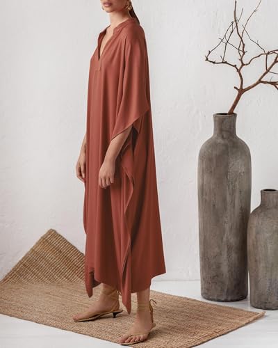 Bsubseach Women Kaftan Dresses Caftan Loungewear Maxi Dress Swimsuit Cover Up Beachwear Red Silky - Image 3
