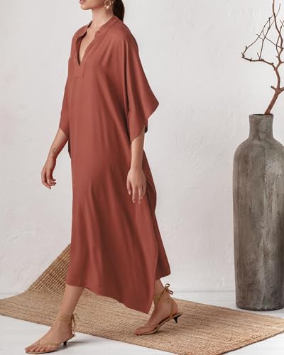 Bsubseach Women Kaftan Dresses Caftan Loungewear Maxi Dress Swimsuit Cover Up Beachwear Red Silky - Image 2