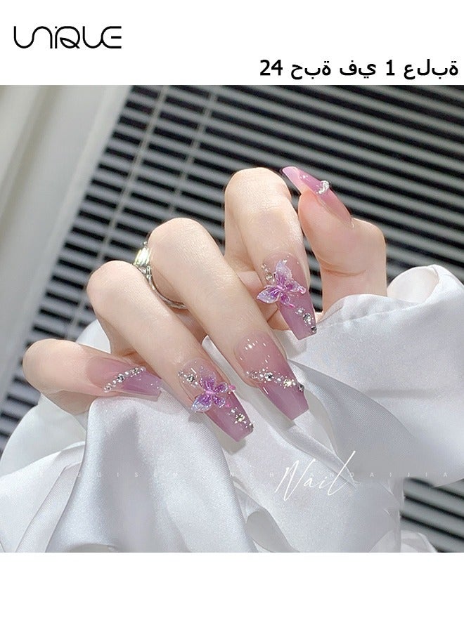 Unique 24 Pcs Fake Nails - Mid-length Ballet Manicure - Diamond-encrusted Purple Manicure - Gradient Butterfly Manicure - Fake Nail Patch - Image 1