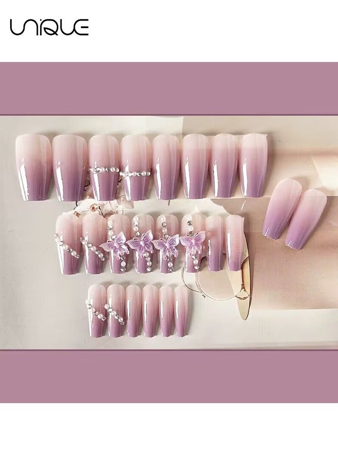 Unique 24 Pcs Fake Nails - Mid-length Ballet Manicure - Diamond-encrusted Purple Manicure - Gradient Butterfly Manicure - Fake Nail Patch - Image 3