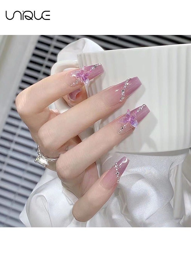 Unique 24 Pcs Fake Nails - Mid-length Ballet Manicure - Diamond-encrusted Purple Manicure - Gradient Butterfly Manicure - Fake Nail Patch - Image 4