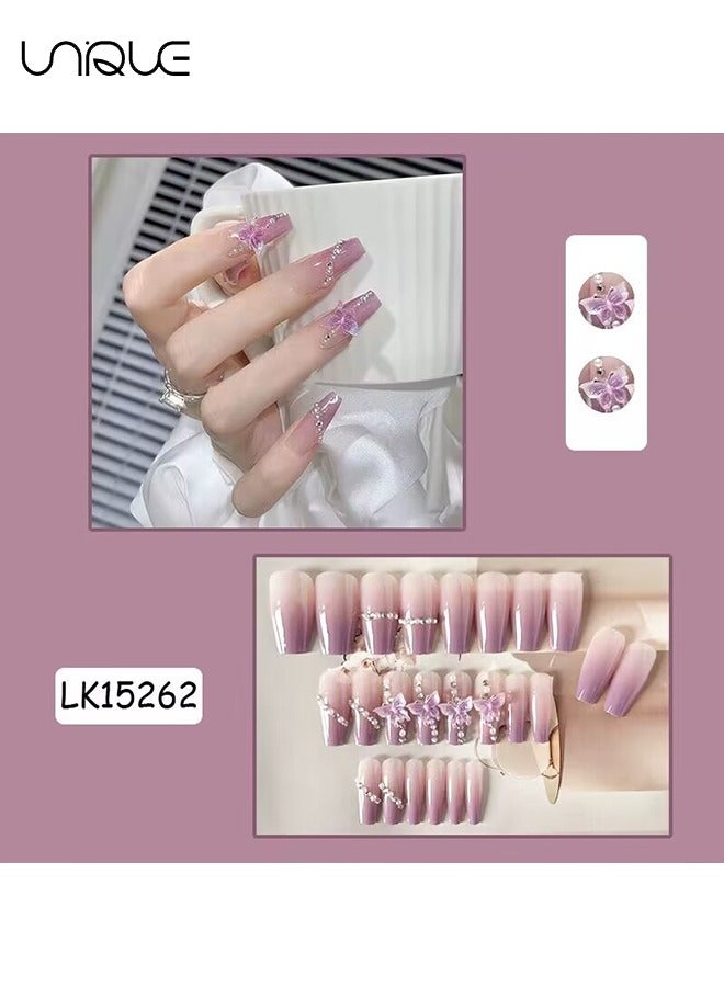Unique 24 Pcs Fake Nails - Mid-length Ballet Manicure - Diamond-encrusted Purple Manicure - Gradient Butterfly Manicure - Fake Nail Patch - Image 2