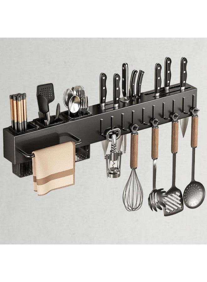 FunBlast رف حائط FunBlast لأدوات المطبخ مع شماعة مناشف، خطافات معلقة للمغرفة والمقلاة، حامل أدوات المائدة، رف عائم لأدوات المطبخ - 60 x 7 x 6 سم - Image 1