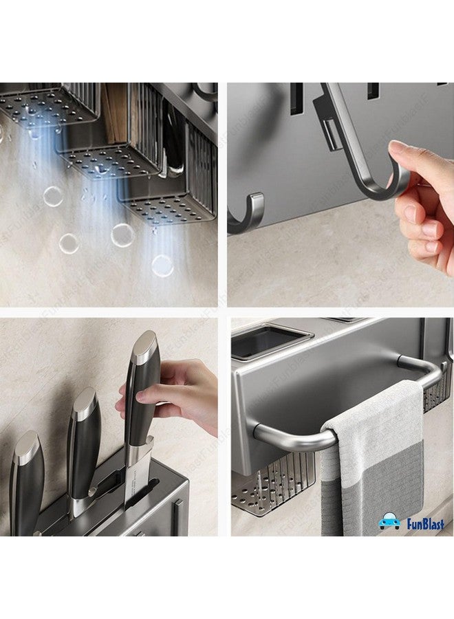 FunBlast رف حائط FunBlast لأدوات المطبخ مع شماعة مناشف، خطافات معلقة للمغرفة والمقلاة، حامل أدوات المائدة، رف عائم لأدوات المطبخ - 60 x 7 x 6 سم - Image 4