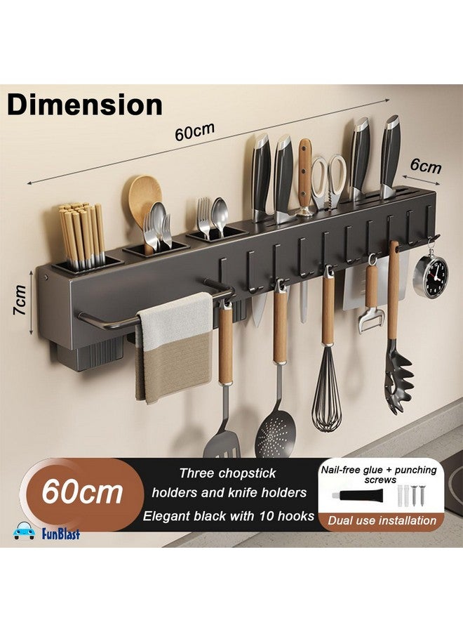 FunBlast رف حائط FunBlast لأدوات المطبخ مع شماعة مناشف، خطافات معلقة للمغرفة والمقلاة، حامل أدوات المائدة، رف عائم لأدوات المطبخ - 60 x 7 x 6 سم - Image 2